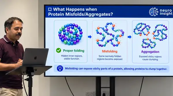 Dr. Subrata Mondal presenting at Dublin City University next to a slide titled What Happens when Protein Misfolds/Aggregates?